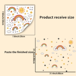 Detailed size chart for luminous rainbow wall stickers showing layout and finished display