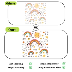 Detail of glow in the dark rainbow wall stickers featuring HD printing and high brightness