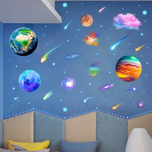Luminous outer space planet wall stickers glowing on a dark blue bedroom wall background