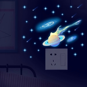 Luminous blue planet and stars wall stickers for light switch decoration in kids bedroom