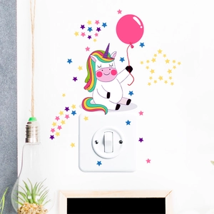Luminous unicorn wall sticker with rainbow mane and pink balloon for kids room decor