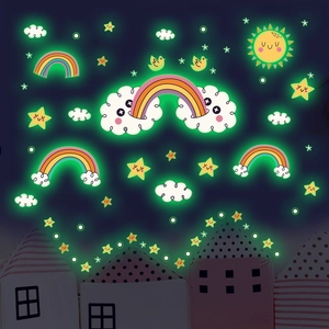 Luminous rainbow bridge wall decals with glowing stars and clouds for kids' room ceiling