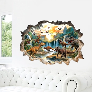 3D dinosaur wall sticker with cracked wall effect showing prehistoric landscape on white wall
