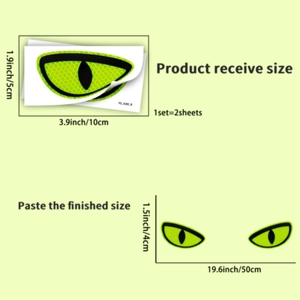 Detailed size guide for green luminous vinyl eye stickers showing package and display dimensions