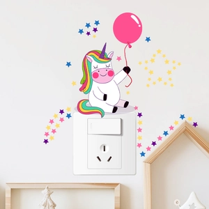 Self-adhesive glowing unicorn wall decal with rainbow balloon and stars for kids room decor