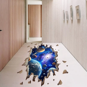 Sticker de sol 3D espace avec planètes et nébuleuse pour décor de mur et de sol