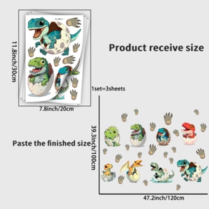 Luminous cartoon dinosaur wall stickers set showing product size and layout dimensions