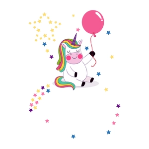 Glow-in-the-dark unicorn wall sticker with colorful balloons and stars for room decor