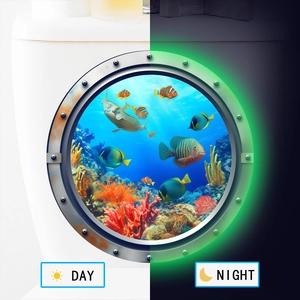 Glow-in-the-dark marine life submarine window decal showing day and night visual effect