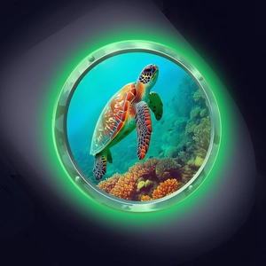Luminous 3D ocean sea turtle sticker with glowing green frame for bathroom wall