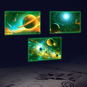 Luminous space planet wall decals with glowing green neon edges in a dark bedroom setting