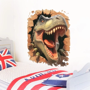 3D T-Rex dinosaur wall decal with realistic broken wall effect for bedroom decor