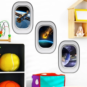 Luminous 3D space airplane window wall stickers featuring satellites and meteorite views