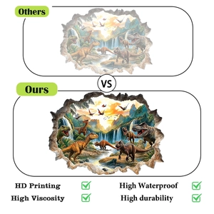 Comparison showing HD 3D dinosaur wall sticker durability and waterproof texture