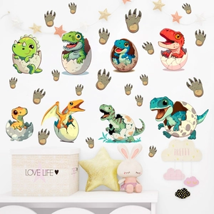 Detailed view of cute cartoon dinosaur egg wall stickers in a cozy nursery room setting