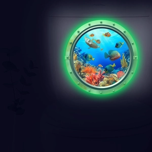 Luminous ocean world porthole wall sticker with turtle and coral glow in the dark