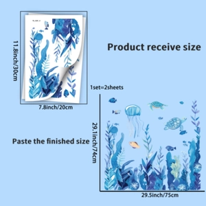 Detailed size chart for blue luminous ocean theme self-adhesive vinyl wall stickers