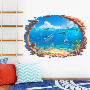 Sticker Mural PVC 3D Monde Marin Dauphin Poissons Tropicaux Effet Mur Brisé Imperméable Décoratif Amovible Décalcomanie