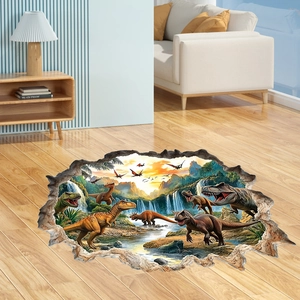 3D dinosaur wall sticker with T-Rex and prehistoric forest on a wooden floor
