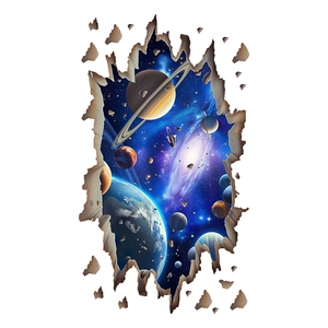 Sticker mural 3D espace avec planètes et galaxie cosmique dans une brèche murale