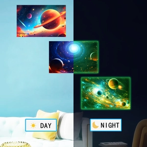 Detailed comparison of glowing planet wall decals showing luminous effect in the dark