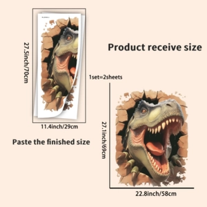 Detailed view of 3D dinosaur wall sticker dimensions and T-Rex wall decal installation