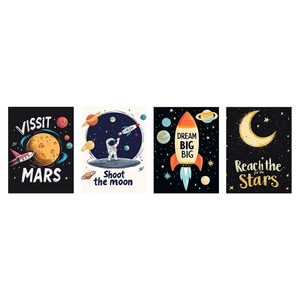 Set of 4 space themed wall art posters featuring astronaut, rocket and moon illustrations