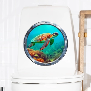 3D sea turtle ocean life wall decal with submarine window frame for bathroom toilet lid