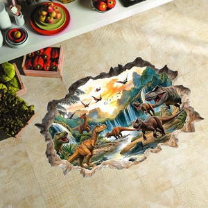 3D broken wall dinosaur vinyl wall sticker with prehistoric sunset and waterfall landscape