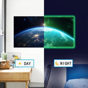 Luminous Space Earth wall stickers showing glow-in-the-dark effects in day and night contrast