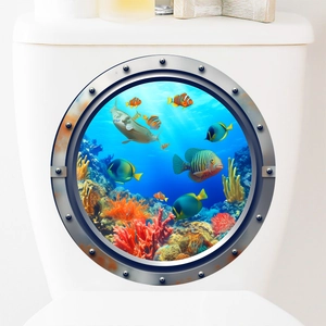 Detailed 3D submarine porthole wall sticker featuring tropical fish and coral reef scene