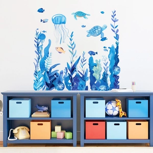 Luminous blue ocean sea life wall stickers with jellyfish and turtle for kids bedroom decor