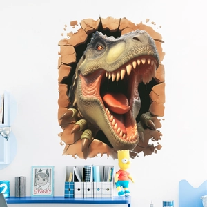 3D T-Rex dinosaur wall decal with broken wall effect for kids room home decoration