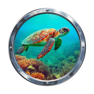 3D ocean turtle wall sticker with porthole design and colorful coral reef scene