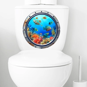 Detailed 3D submarine porthole toilet lid sticker with vibrant coral reef and tropical fish