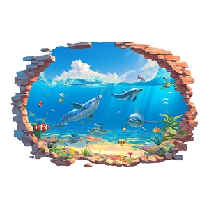 Sticker mural 3D dauphin sous-marin moderne avec effet de brique pour décoration