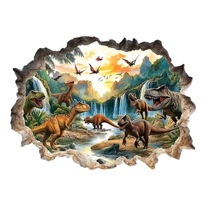 3D broken wall dinosaur wall sticker with T-Rex and prehistoric jungle landscape decor