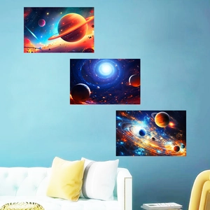 Luminous space black hole and planet canvas wall art set for modern living room decor
