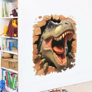 3D T-Rex dinosaur wall sticker breaking through white wall for children room decor