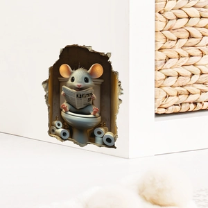 3D-Wandsticker im Detail: Eine süße graue Maus liest eine Zeitung in einem Loch in der Wand