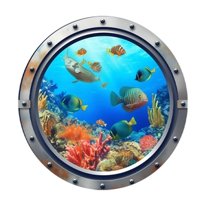 3D submarine porthole wall sticker with vibrant underwater ocean scenery and coral reef