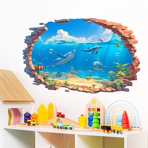 Sticker mural 3D océan avec dauphins et récif corallien pour décor moderne