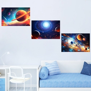 Set of three luminous space black hole planet wall stickers in a modern living room