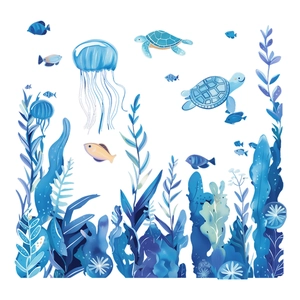 Luminous ocean themed wall stickers featuring sea turtles, jellyfish, and colorful reef fish