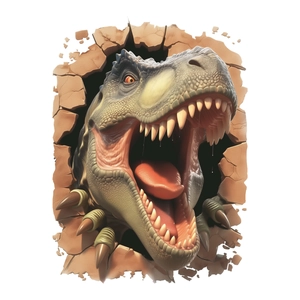 3D dinosaur wall decal featuring a T-Rex breaking through a cracked wall effect