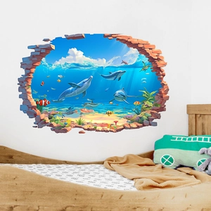 Sticker mural 3D océan moderne avec dauphins et récif corallien pour décor de chambre