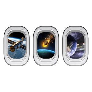 Luminous green 3D spaceship window wall stickers featuring satellite and meteorite in space