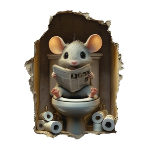3D Wandaufkleber mit süßer Maus im Loch beim Zeitunglesen auf der Toilette