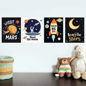 Set of 4 space-themed wall art posters with astronauts and rockets for kids bedroom decor