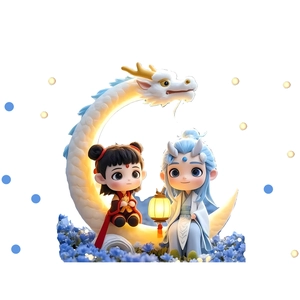 Pegatina de pared fluorescente con Nezha y Ao Bing en una luna con forma de dragón